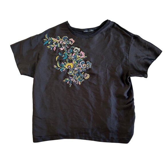 Zara Womens Small Black Short Sleeve Top With Floral Embroidery - Picture 1 of 7